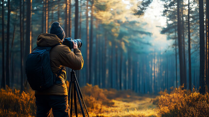 Fototapeta premium Photographer capturing the beauty of a pine forest, focusing on nature photography