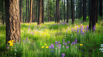 Obraz premium Pine forest with colorful wildflowers in bloom, celebrating the beauty of nature