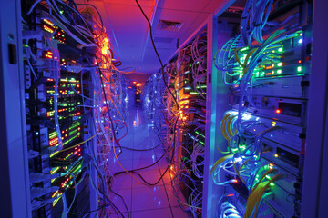 Complex server room wiring chaos with glowing lights