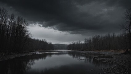 Gloomy Riverbank Moody Waterscape with Reflective Ambiance