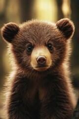 Obraz premium Brown Bear Cub Face. Closeup Portrait of a Little Baby Animal in Summer Forest