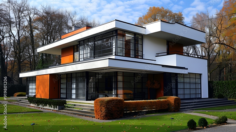 Poster a modern house with orange accents and a green lawn in front of it