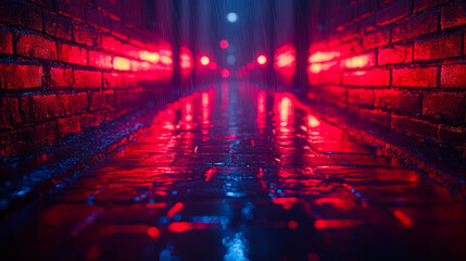 Cyberpunk Dark Alley with Neon Lights, Gloomy Night Street, Moody Cyber Cityscape, Rainy Brick Path, Futuristic Urban Scene, Sci-Fi Noir, Reflected Neon Illumination, Ambient Dystopian Setting