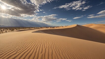 Rippling Sand Dunes under a Vivid Sunset Sky