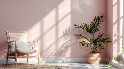 Fototapeta premium a chair and a potted plant in a room with pink walls
