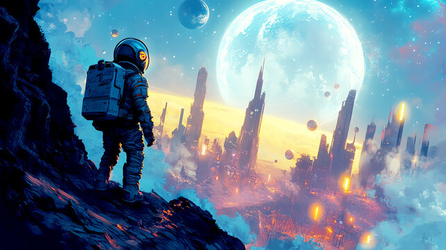 One brave astronaut is exploring the galaxy, discovering new planets and making friends with aliens