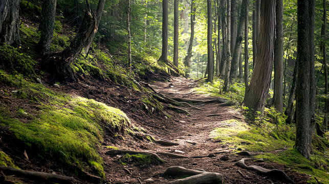 Rugged terrain of a forest trail, challenging and inviting adventure seekers