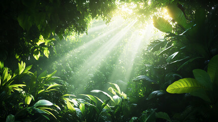 Sunbeams piercing through the dense foliage of a forest, highlighting the lush greenery