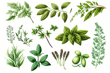 set of herbs isolated on white background