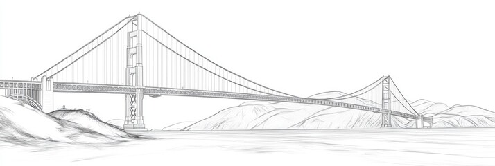 Golden Gate Bridge Drawing. Cityscape Sketch of San Francisco Architecture over Bay