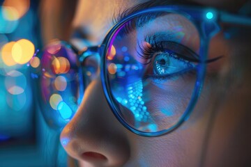 Close-up of a woman's eye with blue glasses reflecting colorful lights.