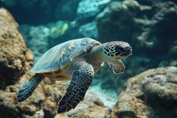 Obraz premium Hawaiian Turtle. Underwater Sea Life of Green Turtle in Hawaii