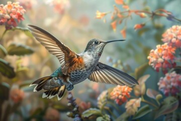 Naklejka premium Hummingbirds Compete in a Vibrant Floral Playground at Dawn