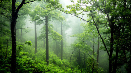 Obraz premium Dense forest shrouded in morning fog, creating an air of mystery and depth