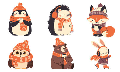 A set of cute illustrations for the new year. Owl in scarf and hat, penguin bear fox drinking a warm drink, hedgehog wearing headphones, rabbit riding on ringlets. Vector illustration
