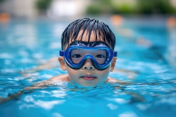 Naklejka premium Children Playing in Swimming Pool with Dive Toys: Asian Boy Learning to Swim Alone