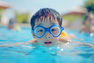 Naklejka premium Children Playing with Dive Toys in Swimming Pool: Asian Boy Learning to Swim Alone