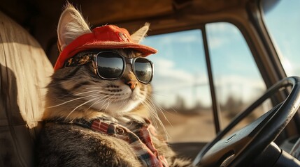 cat trucker sits behind the wheel in a cap