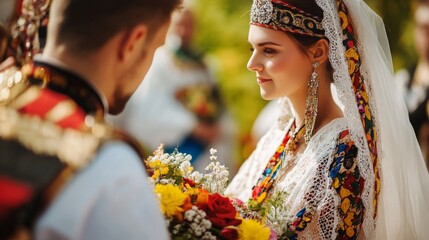 A beautiful bride in a colorful traditional dress holds a flower bouquet, exchanging vows with her groom during a wedding ceremony at sunset.