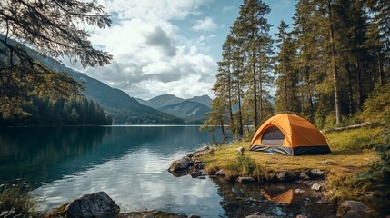 Camping by the lake with a tent