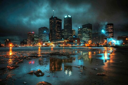 Detroit City Scape. Night Skyline View with Waterfront and Urban Architecture