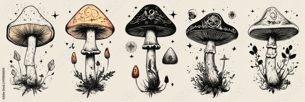 Wall mural Mushroom Tattoo. Engraved Russula Aurea Mushroom with Boho Style - Perfect for Spiritualists and Tarot Readers