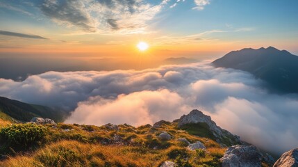 Majestic Sunrise Above the Clouds in Mountain Range - Breathtaking aerial view of a sunrise casting vibrant hues over a sea of clouds and distant mountain peaks. Perfect for nature lovers.