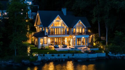 Obraz premium Elegant Lakeside House at Night