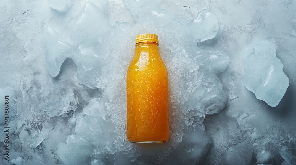 Poster refreshing orange juice bottle resting on crushed ice in a cool setting