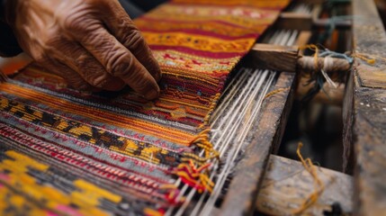 Hand weaving a colorful textile on a loom, showcasing traditional craftsmanship