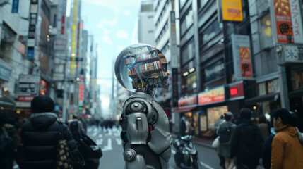 Fototapeta na wymiar An elegant android with a glass library head looks at everything around him on the street of a noisy city