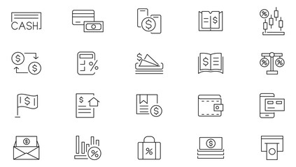 Payment line icon set. Business, finance payment, money, banking, exchange, cash, money, coins in hand, credit card, wallet, cashless pay outline icon collection. Ui thin line icon pack.
