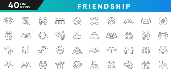 Friend line icon set. Containing friends, group of friends, socialize, friendly, cheers, trust, support, love, together, couple Outline icon collection. UI thin line icon pack.