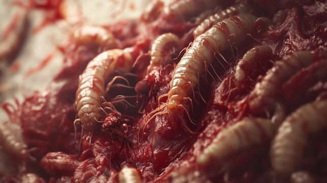 an image of worms that are found in meat tissues and symbolize the rotting of the product