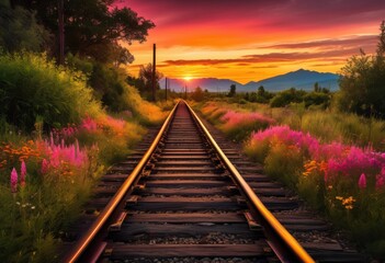 Obraz premium vibrant sunset over abandoned train tracks surrounded lush vegetation distant mountains, adventure, atmospheric, beauty, colorful, countryside, clouds