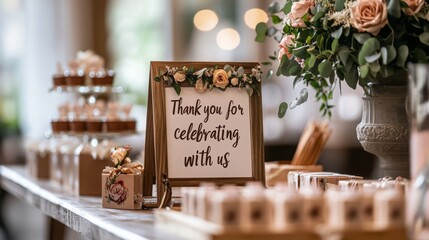 A beautifully arranged table features a sign expressing gratitude for the celebration, surrounded by desserts and floral decorations.