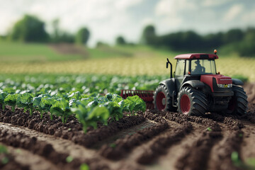 Fototapeta premium Photo of a vegetable farm where a farmer with a tractor is clearing away very pitted areas around the vegetable beds to make the soil level for the road.