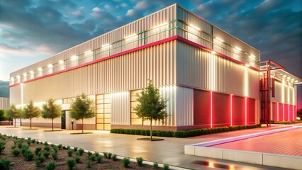 Industrial warehouse with red lighting, modern design at twilight