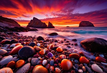 vibrant coastlines highlighted stunning sunset displaying rich colors dynamic shadows over water, beach, sky, reflection, clouds, orange, blue, red