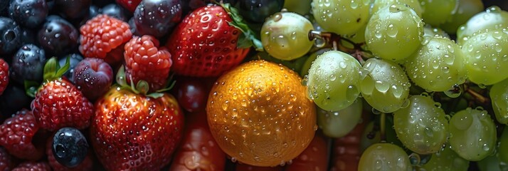Close-up of fresh fruit: blueberries, strawberries, grapes, and an orange.