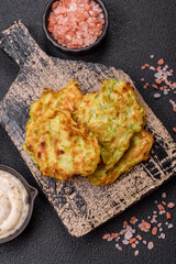 Vegetable zucchini fritters with garlic, salt, spices and herbs