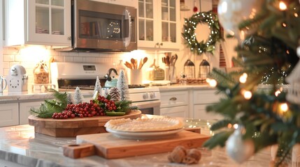 Festive kitchen decor with a holiday centerpiece and a pie on the counter
