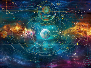 Obraz premium intricate tapestry of celestial bodies and interconnected energy lines. The vibrant colors and complex patterns, cosmic harmony and infinite possibility.