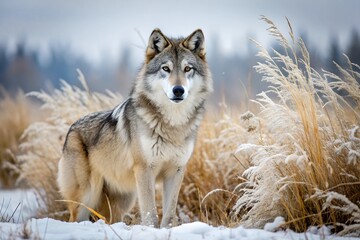 Obraz premium A gray wolf stands in the snow in winter among snow-covered bushes and dry grass