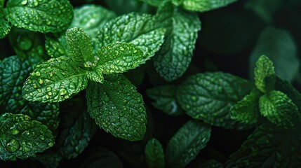 Close-up of fresh green mint leaves with dew drops.
