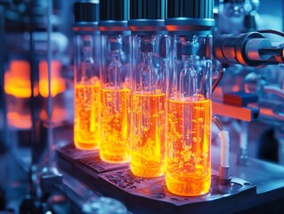 Challenging Scientific Experiment with Complex Laboratory Equipment and Glowing Test Tubes Filled with Bubbling Liquids