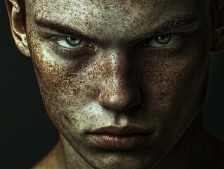 Determined Portrait of a Resolute Individual with Piercing Gaze and Clenched Jaw in Dimly Lit Renaissance Style Studio