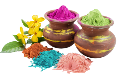 Holi colors or powder in traditional pot isolated on white or transparent background