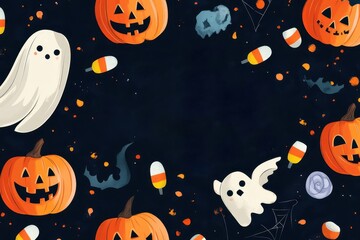 Fototapeta premium Happy Halloween party invitation card with space for text, Halloween card layout. Composition with pumpkins, ghosts, bats and holiday decorations and sweets on a black background.