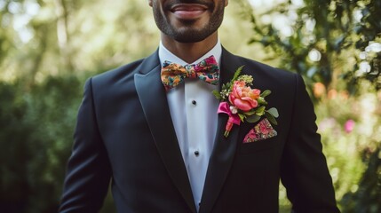 A well-dressed man confidently poses in a floral bow tie and matching boutonniere, standing amidst lush greenery at a wedding.